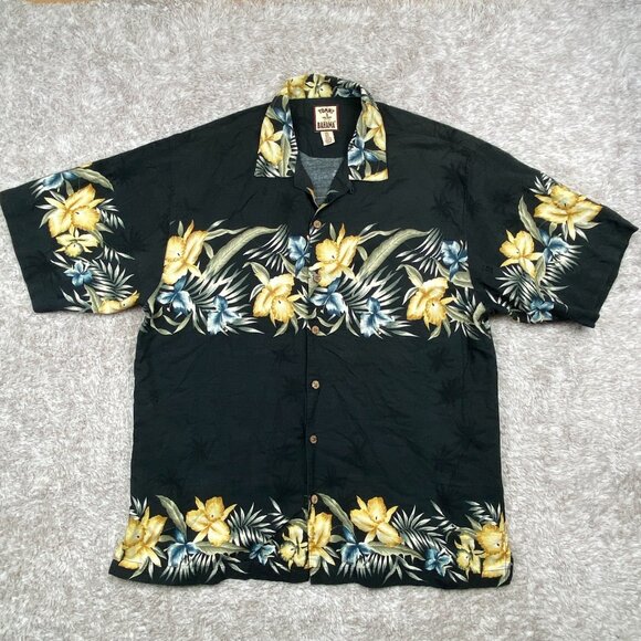 VTG Tommy Bahama Wood Button Loop Collar Shirt Mens L Black Floral Silk Blend - Picture 2 of 11